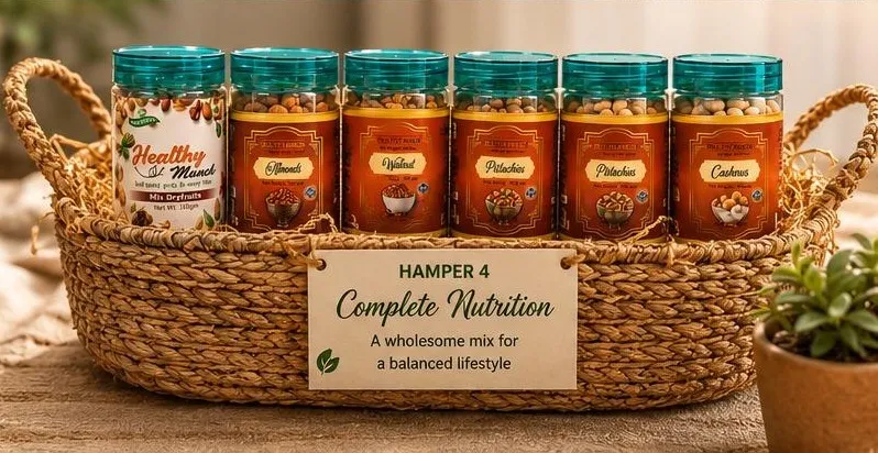 Complete Nutrition hamper: six Healthy Munch jars in a woven basket with handles