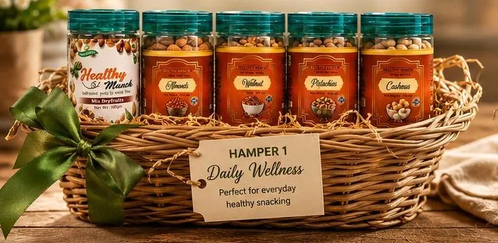 The Daily Wellness hamper: Healthy Munch jars in a wicker basket tied with a green ribbon