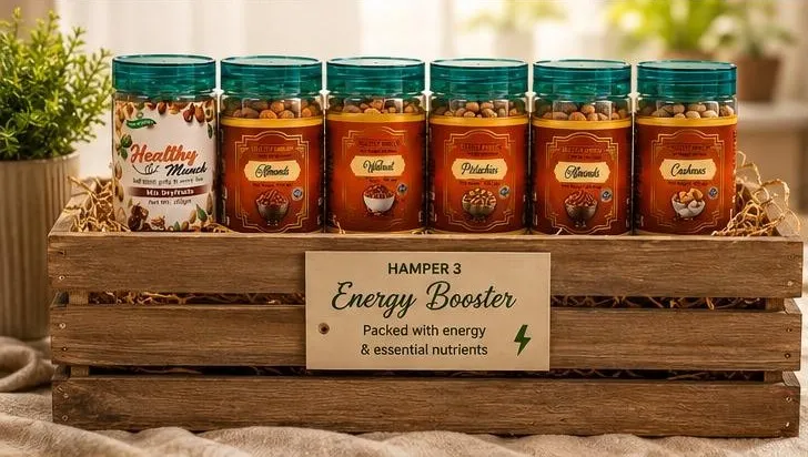 Energy Booster hamper: six Healthy Munch jars packed in a rustic wooden crate