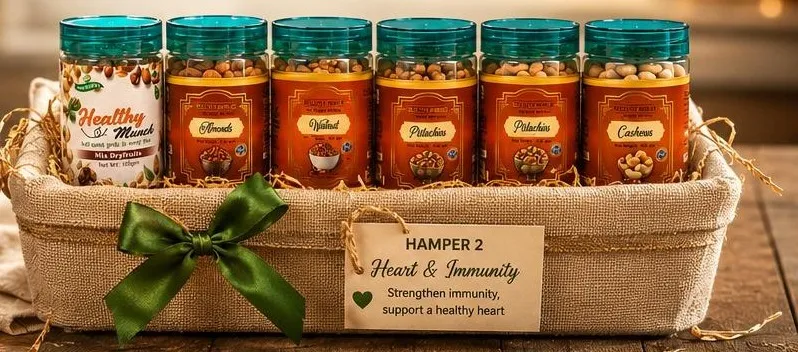 A Healthy Munch hamper of six teal-lid jars in a linen basket with a green bow