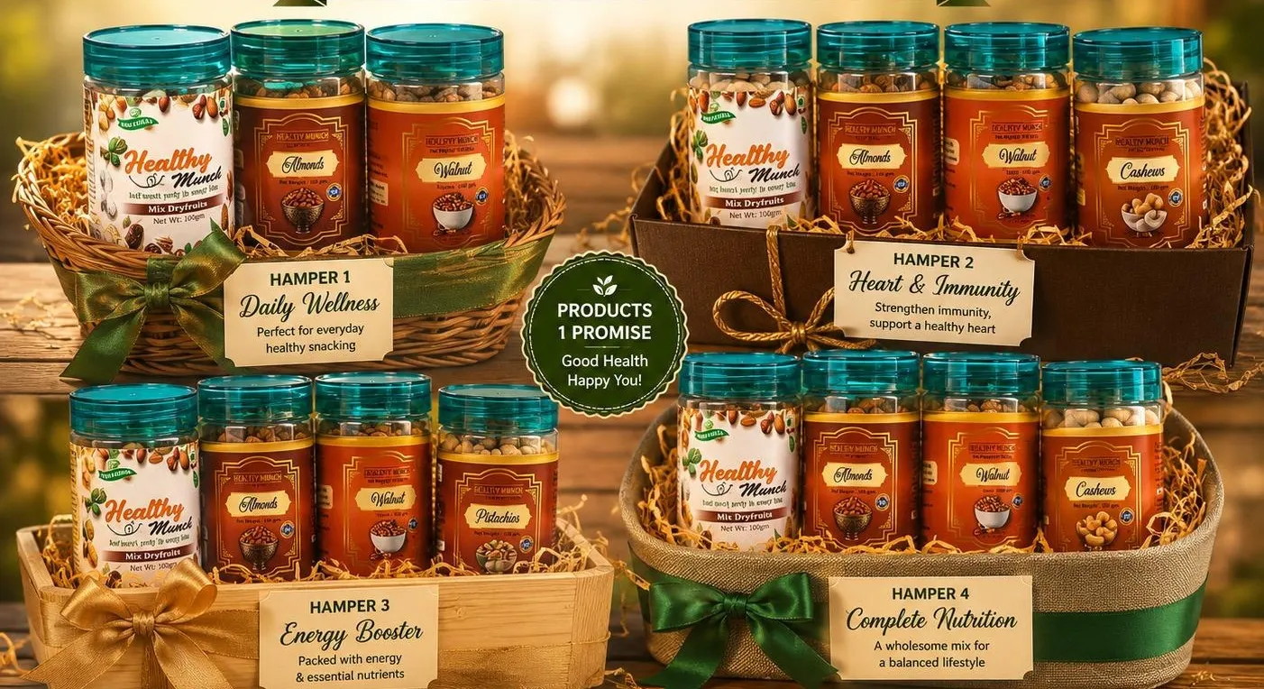 Four Healthy Munch hampers in baskets and wooden crates, each packed with teal-lid dry fruit jars
