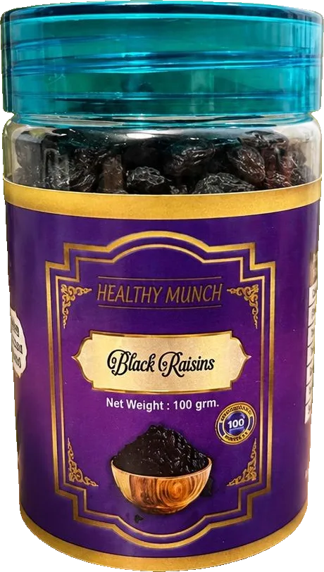 Healthy Munch Black Raisins 100g jar with a teal screw lid and gold-framed purple label