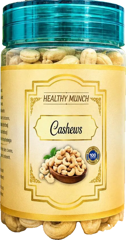 Healthy Munch Cashews 100g jar with a teal screw lid and gold-framed cream label