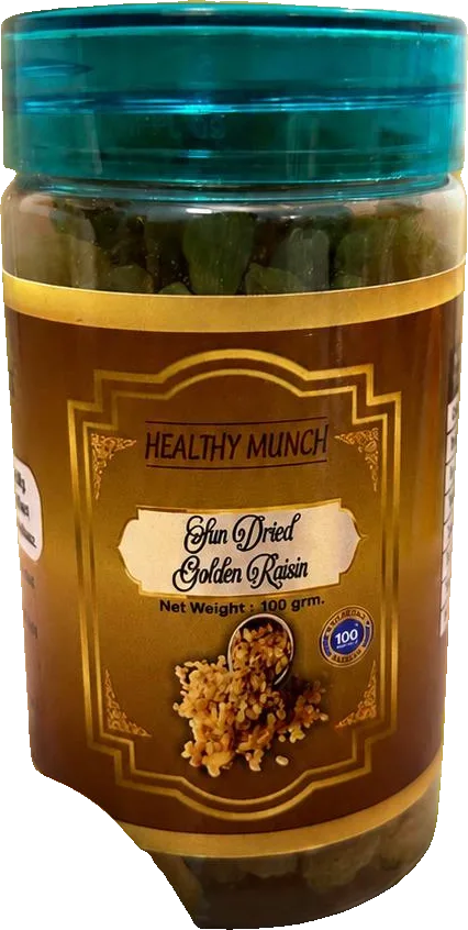 Healthy Munch Sun Dried Golden Raisin 100g jar with a teal screw lid and gold-framed amber label