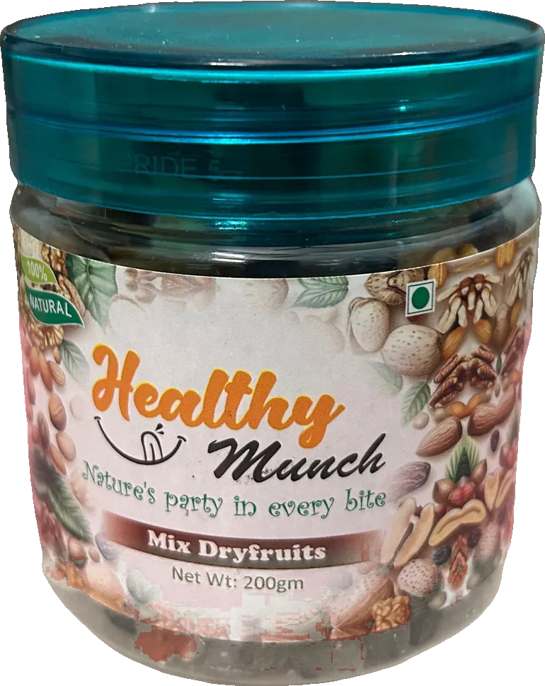 Healthy Munch Mix Dryfruits 200g jar with a teal screw lid and the smiling Healthy Munch logo