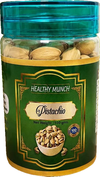 Healthy Munch Pistachio 100g jar with a teal screw lid and gold-framed green label