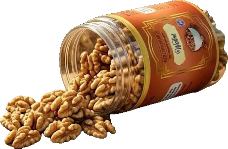Healthy Munch Walnut jar tipped on its side with walnut kernels spilling out
