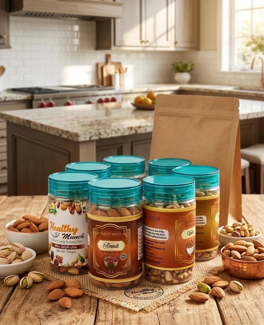 A line-up of Healthy Munch dry fruit jars with teal lids on a wooden kitchen table