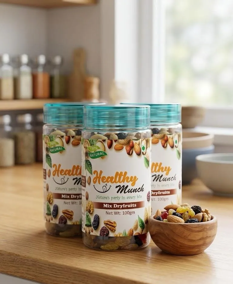 Three Healthy Munch Mix Dryfruits jars with teal lids on a kitchen counter beside a bowl of mixed dry fruits