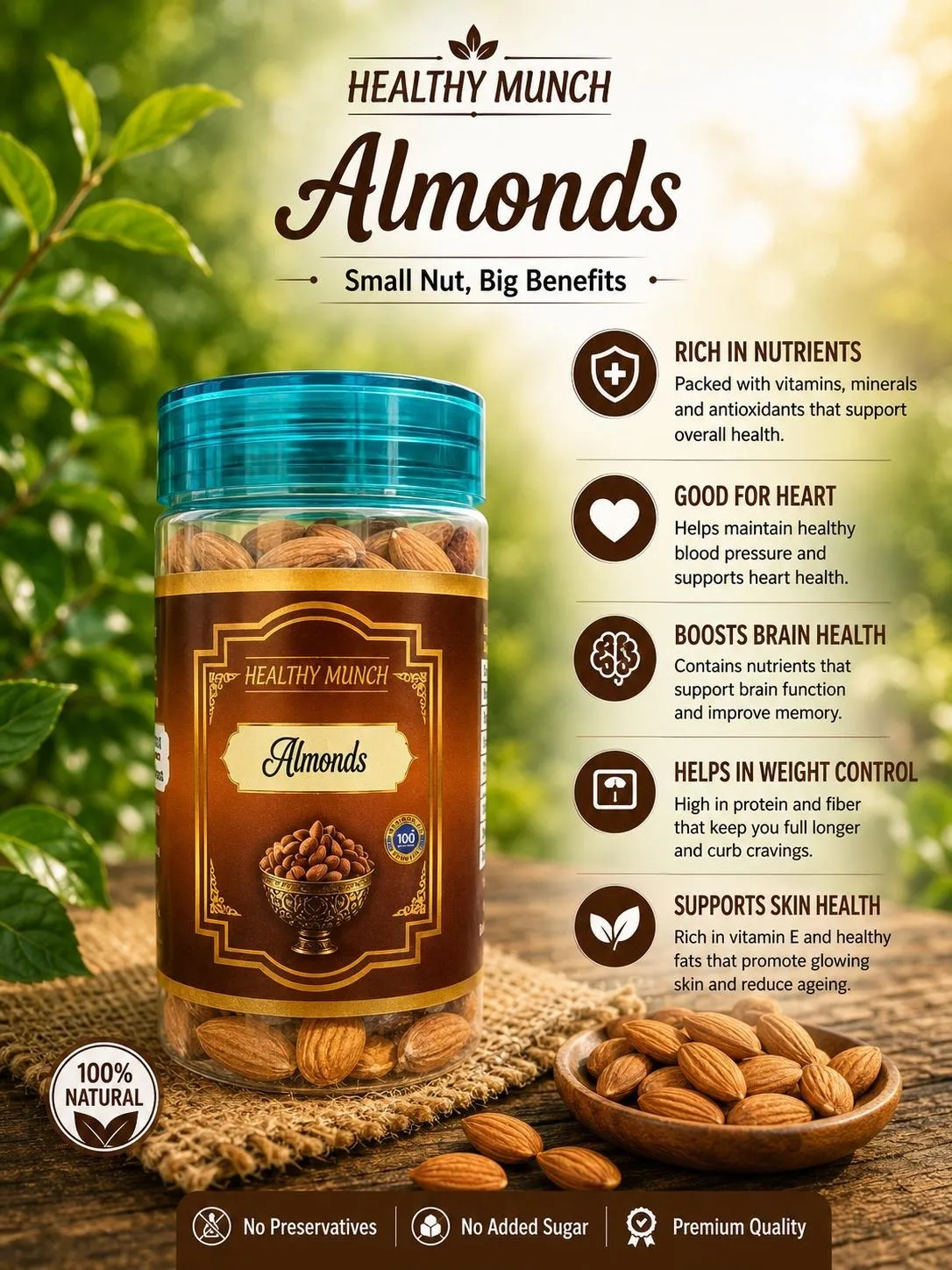 Healthy Munch Almonds jar on a wooden table beside a bowl of whole almonds