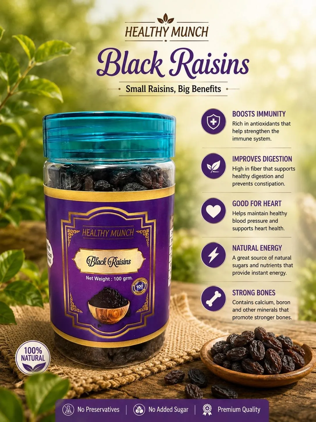 Healthy Munch Black Raisins jar on a wooden table beside a bowl of black raisins