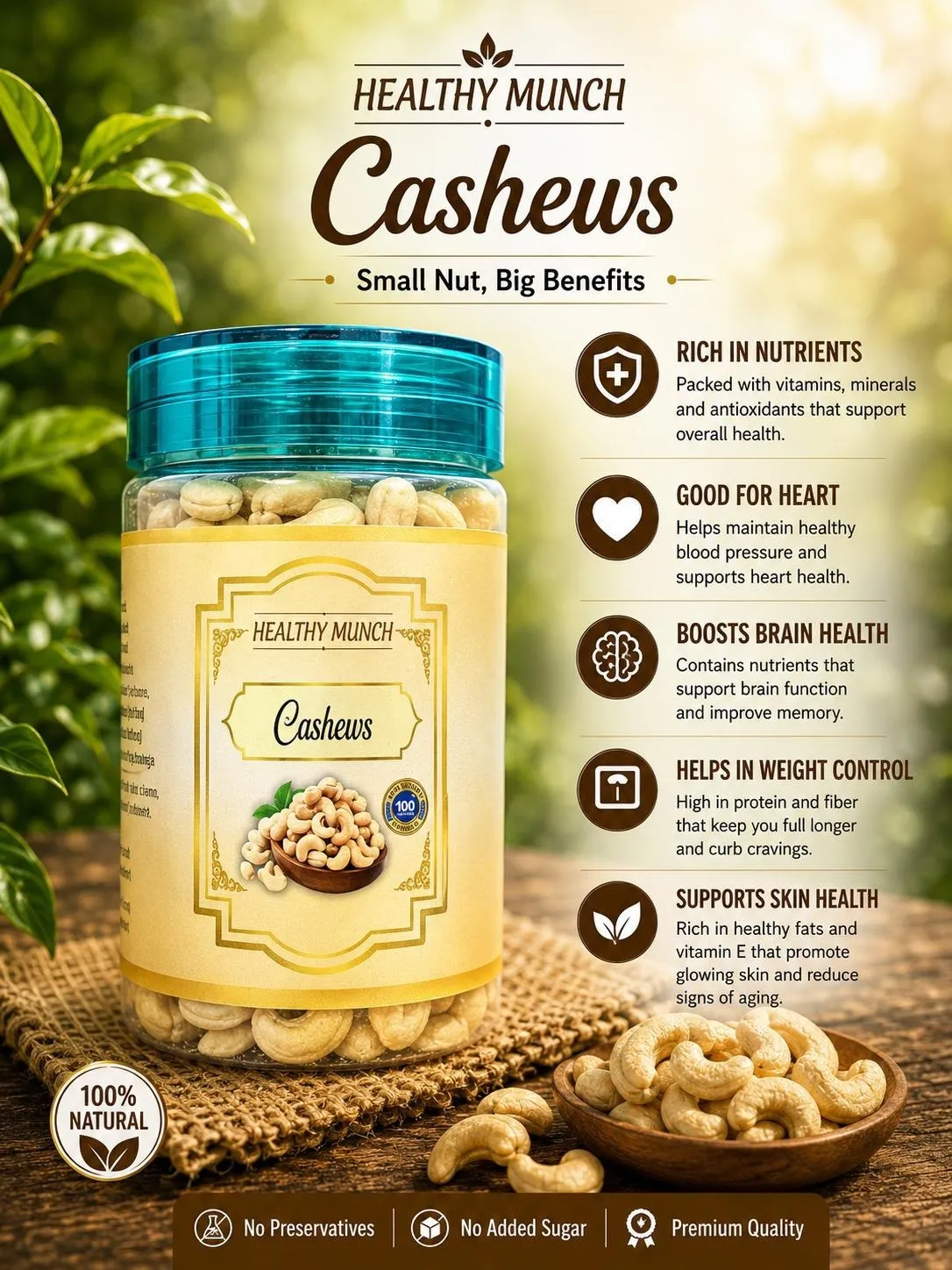 Healthy Munch Cashews jar on a wooden table beside a bowl of whole cashews