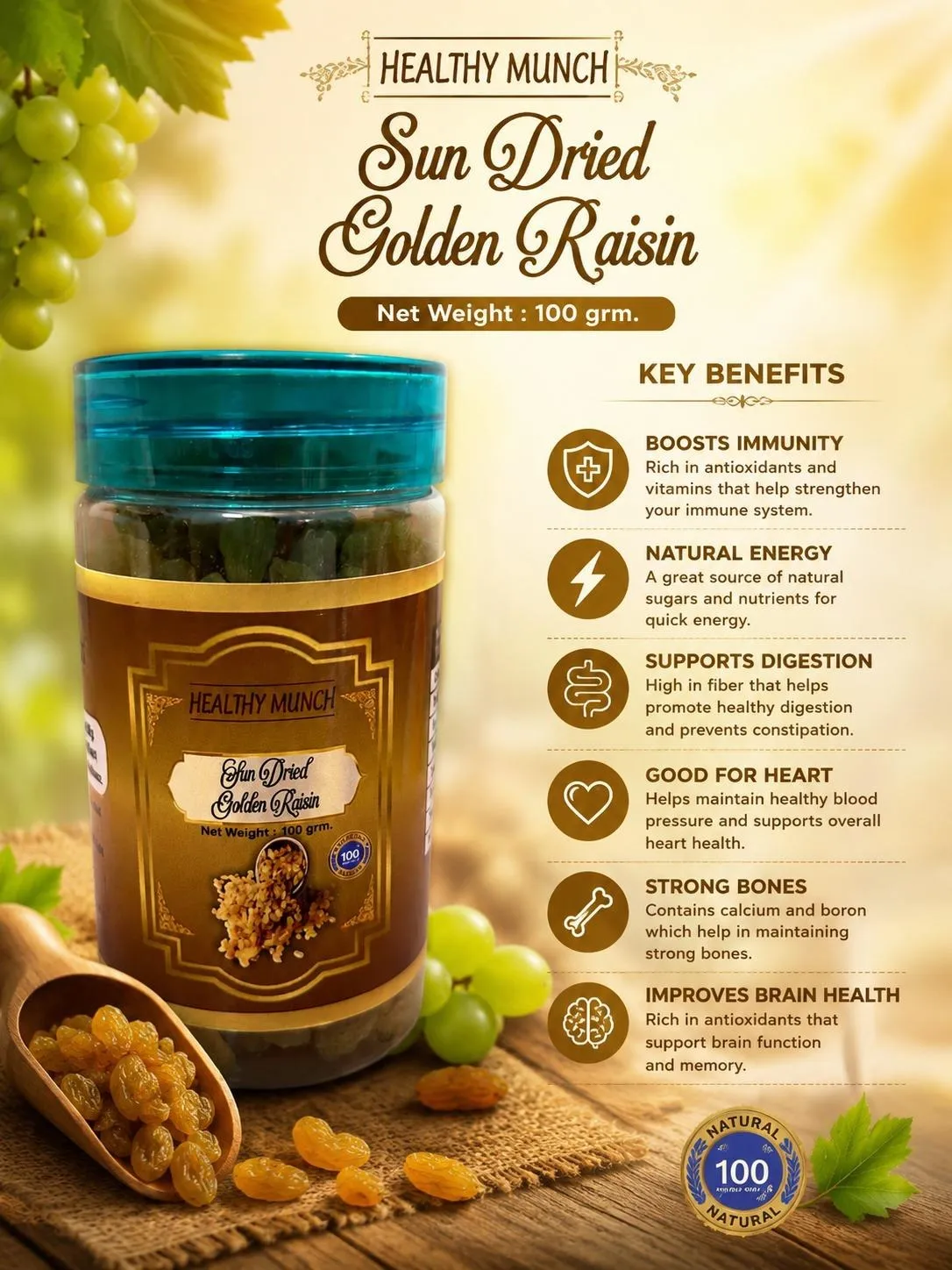 Healthy Munch Sun Dried Golden Raisin jar with a wooden scoop of golden raisins and green grapes