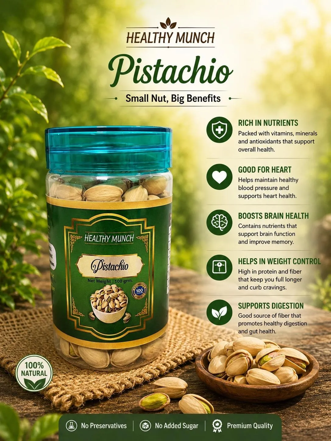 Healthy Munch Pistachio jar on a wooden table beside a bowl of in-shell pistachios