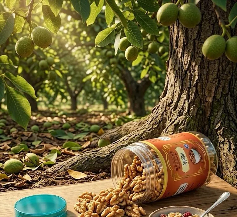 A Healthy Munch Walnut jar under a walnut tree with kernels spilling onto a wooden board